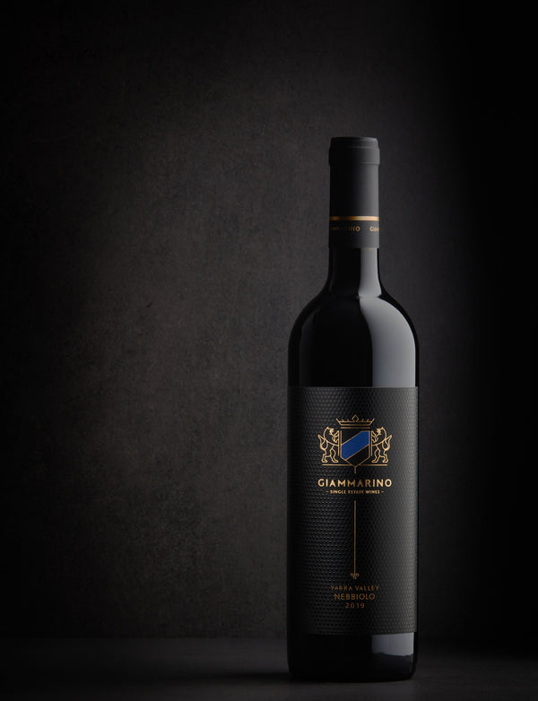 Bottle of 2019 Nebbiolo, a grape that originates from the North West corners of Italy, and is poroduced by Giammarino Vines in the Yarra Valley.